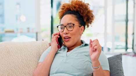 Phone-call,-laughing-and-black-woman-talking