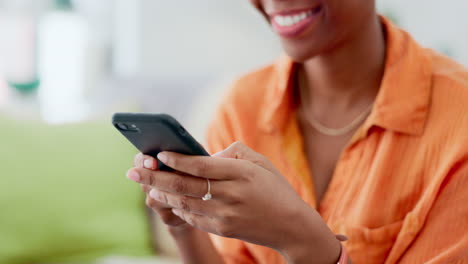 Closeup,-hands-and-black-woman-with-smartphone