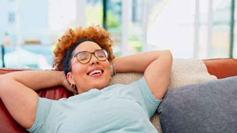 Relax,-calm-and-rest-with-black-woman-on-sofa