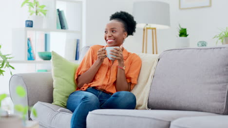 Relax,-black-woman-on-couch-and-coffee-on-break