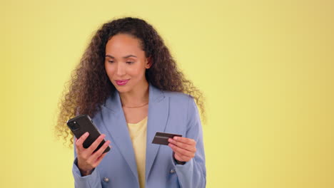 Woman,-smartphone-and-credit-card-with-ecommerce