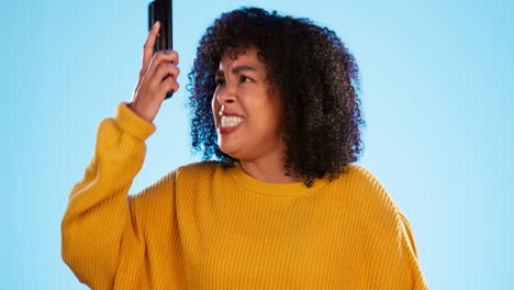 Angry,-smartphone-and-black-woman-shouting