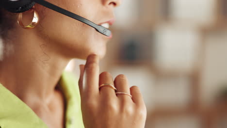 Call-center,-mouth-and-woman-talking-on-headset
