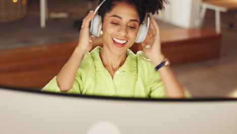 Music,-happy-dancing-and-business-woman