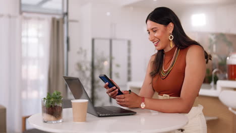 Business-woman,-laughing-and-phone-in-coffee-shop