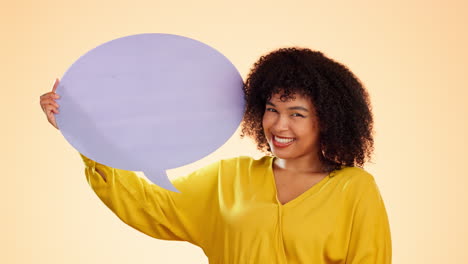 Speech-bubble,-face-smile-and-woman-pointing
