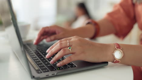 Woman,-hands-or-laptop-typing-in-cafe