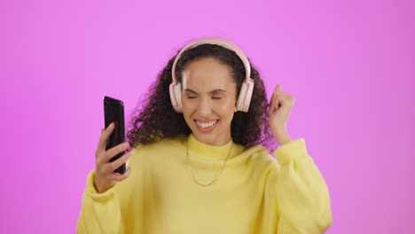 Dancing,-headphones-and-phone-of-woman-isolated