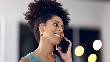 Phone,-hello-and-black-woman-in-office-at-night