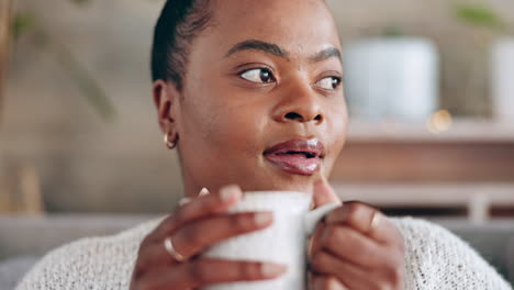 Happy-black-woman,-home-and-thinking-with-coffee