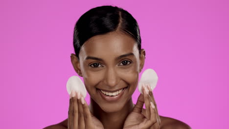Beauty,-skincare-and-Indian-woman-with-cotton-pads