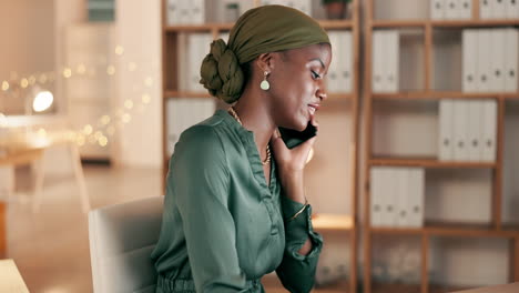 Phone-call,-night-and-black-woman-in-international