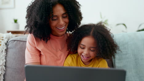 Learning,-mother-and-girl-laughing-with-laptop