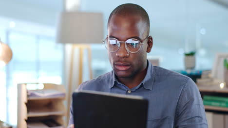 Thinking,-tablet-and-serious-black-man-in-office
