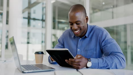 Office-tablet,-reading-and-happy-black-man-review
