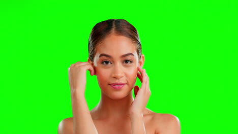 Greenscreen,-Hautpflege-Und-Hand-Auf-Dem-Gesicht-Einer-Frau