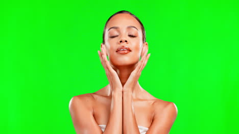 Woman,-hands-and-skincare-for-face-by-green-screen
