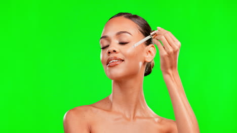 Green-screen,-skincare-and-oil-for-face-of-woman
