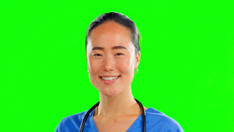 Cara,-Mujer-Asiática-Y-Médico-Con-Pantalla-Verde