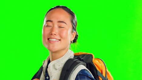 Asian-woman,-hiking-and-backpack-in-green-screen