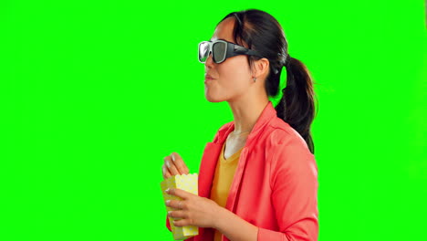 Frau,-3D-Und-Brille-Auf-Grünem-Bildschirm-Mit-Popcorn