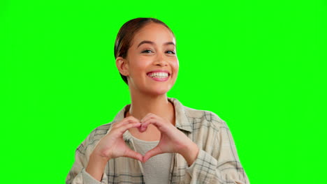 Face,-woman-and-heart-sign-with-green-screen