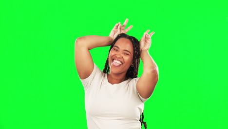 Face,-green-screen-and-woman-with-bunny-ears