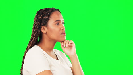 Black-woman,-serious-or-thinking-on-studio-green