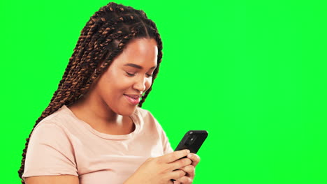 Woman,-smartphone-and-typing-on-green-screen