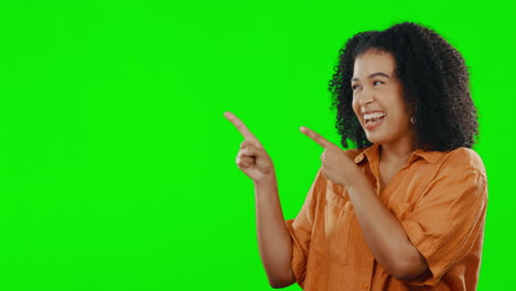 Green-screen,-studio-face-and-happy-woman-point