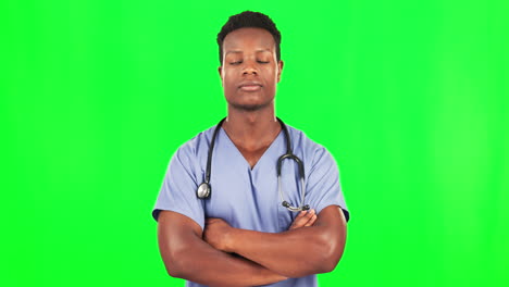 Black-man,-serious-doctor-and-face-on-green