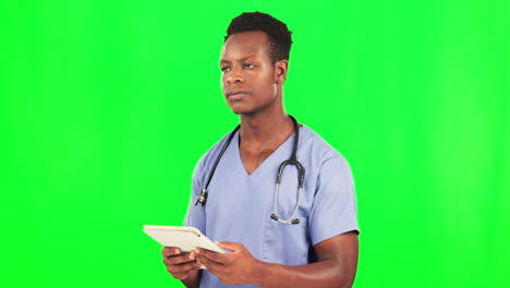 Digital-tablet,-black-man-and-doctor-in-green