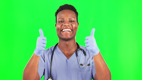 Black-man,-happy-doctor-and-thumbs-up-on-green