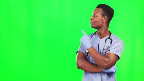 Doctor,-face-and-black-man-pointing-on-green