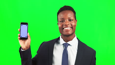 Phone,-mock-up-and-black-man-in-studio-with-green