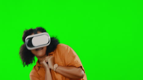 Pantalla-Verde,-Pelea-Y-Mujer-Con-Realidad-Virtual