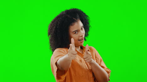 Face,-green-screen-and-woman-pointing-to-you
