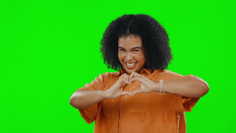 Face,-heart-and-hands-on-green-screen-of-happy