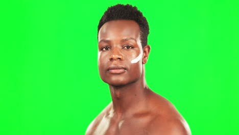 Black-man,-moisturizing-and-green-screen-portrait