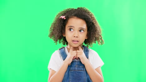 Child,-thinking-and-nervous-girl-on-green-screen