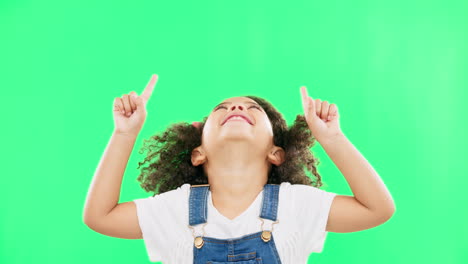 Mockup,-green-screen-and-child-pointing-up