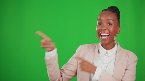Happy,-black-woman-and-pointing-on-green-screen