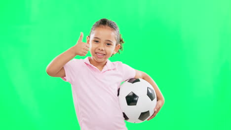 Girl,-soccer-ball-and-thumbs-up-in-green-screen