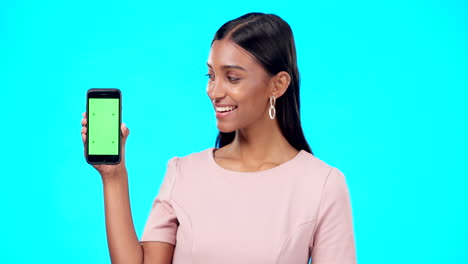Chroma-key,-green-screen-and-woman-holding-phone