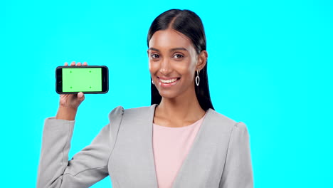 Chroma-key,-green-screen-and-businesswoman-holding