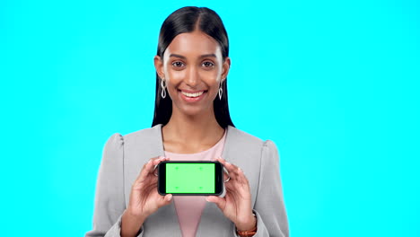 Chroma-key,-green-screen-and-woman-with-phone