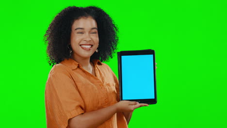 Woman,-blank-tablet-and-mockup-in-green-screen