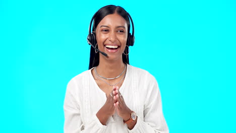 Call-center,-funny-or-laughing-woman-in-studio