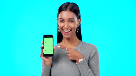 Woman,-pointing-and-phone-green-screen-mockup