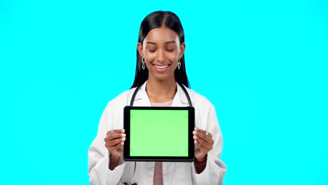 Tablet,-Grüner-Bildschirm-Und-Arztgesicht-Isoliert